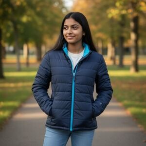 Girls Navy Teal Puffer Jacket Winter Coat Full Zip Warm Size L‎ 12 -14